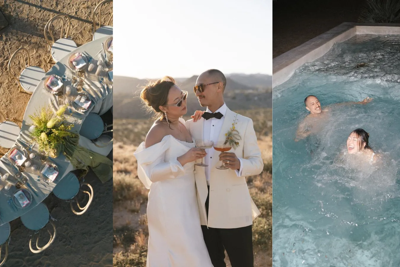 A split image featuring a wedding scene on the left, a couple in wedding attire in the mid