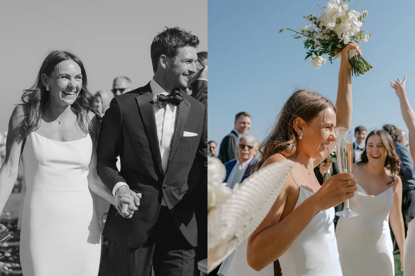 Split-screen of two women celebrating at a wedding. The left side shows a black-and-white