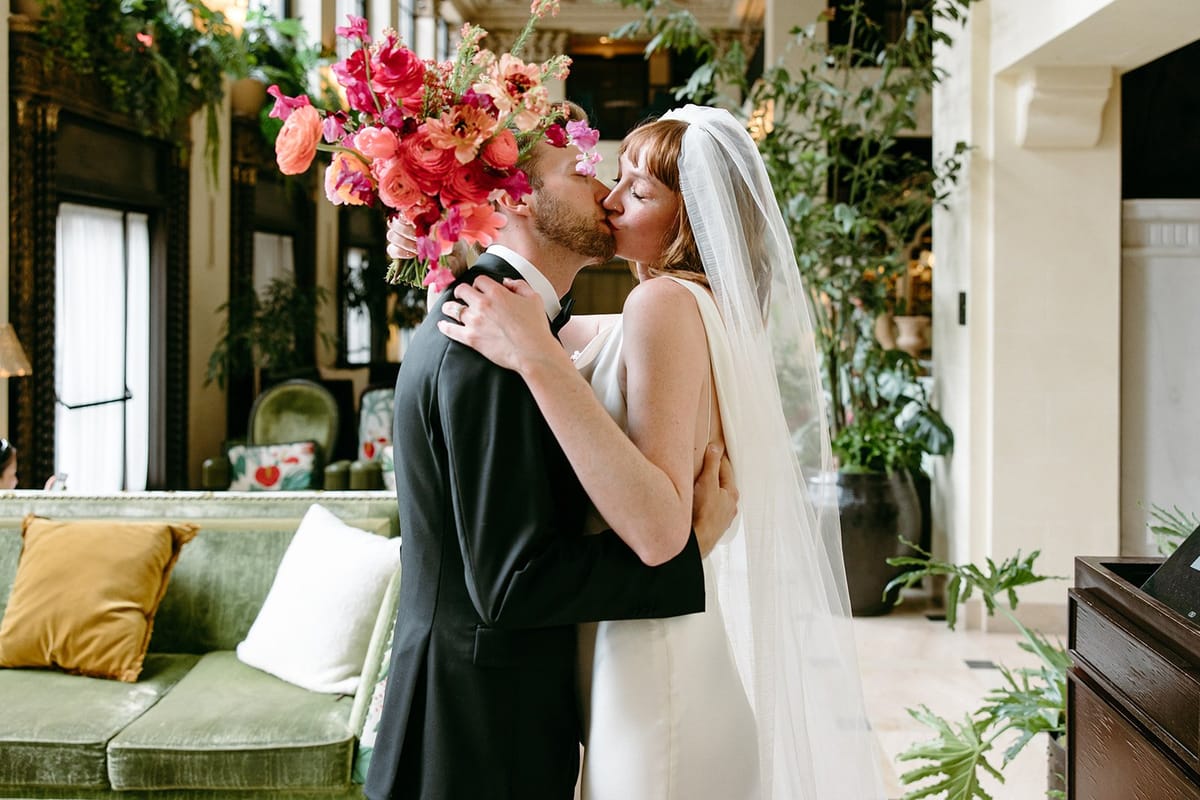 bride and groom in downtown los angeles at hotel per la